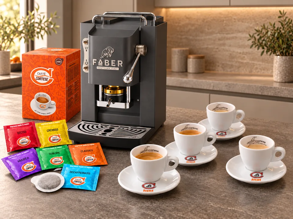 Faber Pro Deluxe in einer dezenten beigen Küche, mit Cortese E.S.E. Pads und vier Espressotassen mit Untertassen auf der Arbeitsplatte