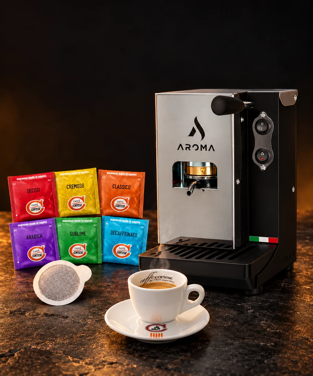 E.S.E. Espressomaschine mit Caffè Cortese Pads und Espressotasse