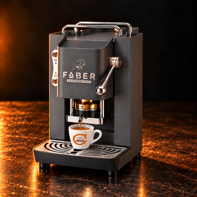Faber Pro Deluxe 3.0 Gray Daytona/Chrom mit Cortese-Espressotasse Graue Faber Pro Deluxe 3.0 E.S.E.-Padmaschine mit Cortese-Espressotasse unter dem Auslauf